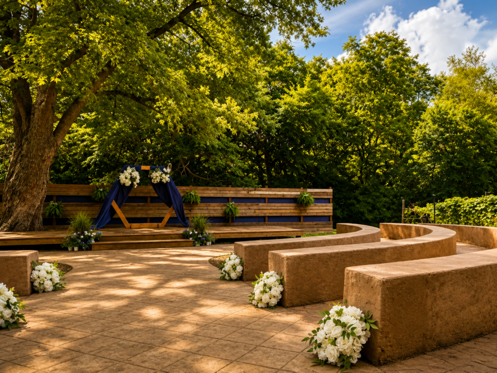 Stone amphitheater ceremony seating on the wooded grounds at Sugar Hollow Crossing