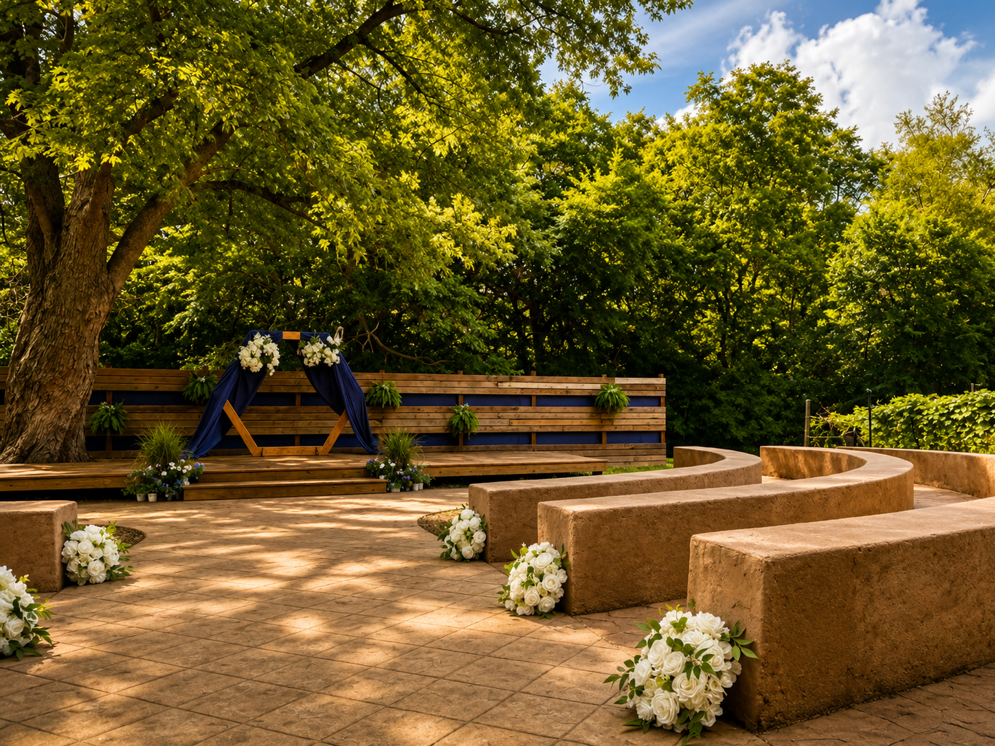Stone amphitheater ceremony seating on the wooded grounds at Sugar Hollow Crossing
