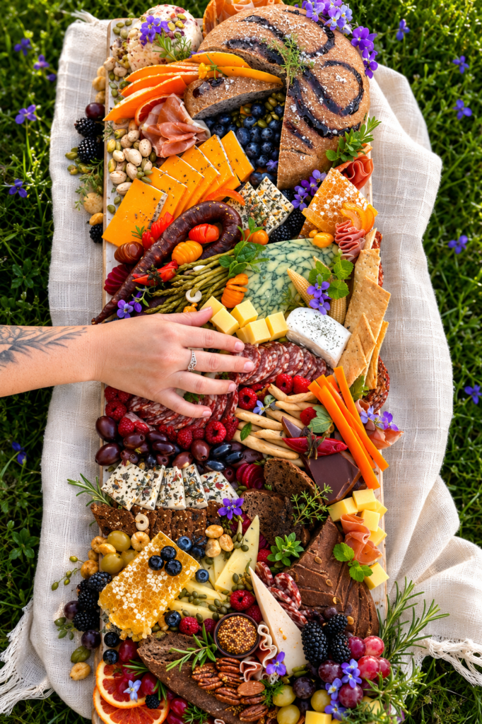 Charcuterie board with cheese fruit and cured meats for Sugar Hollow Crossing events