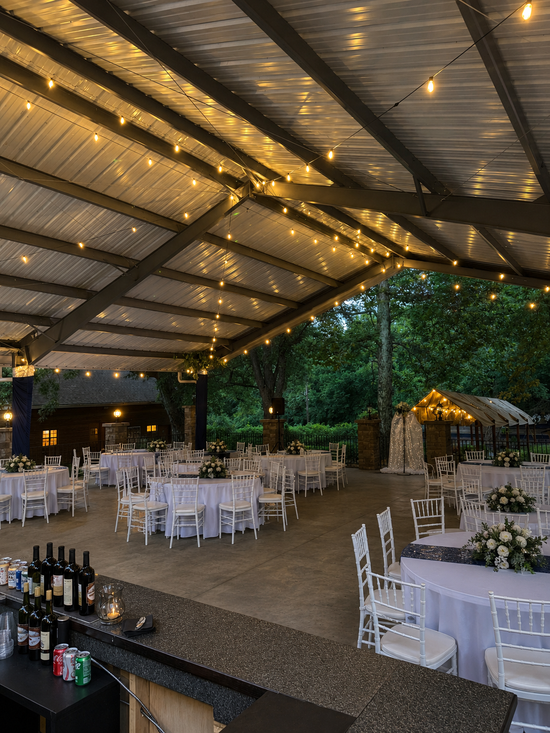 Covered pavilion gathering space for weddings and private events at Sugar Hollow Crossing