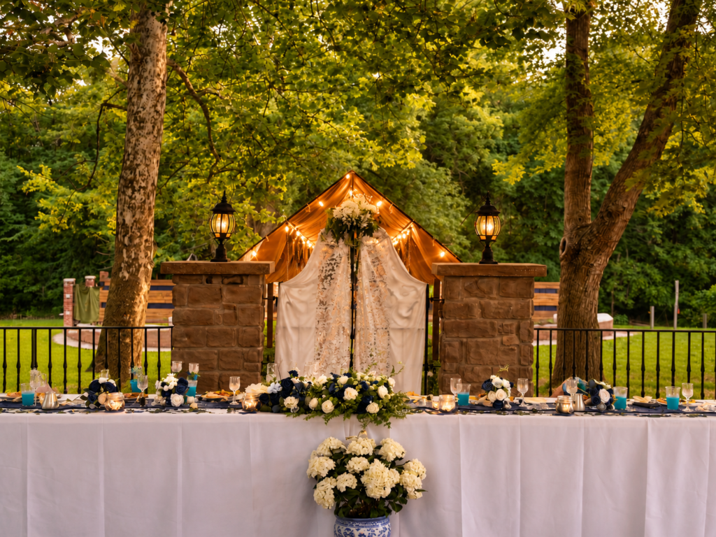 Outdoor wedding reception table with florals at Sugar Hollow Crossing near Kansas City