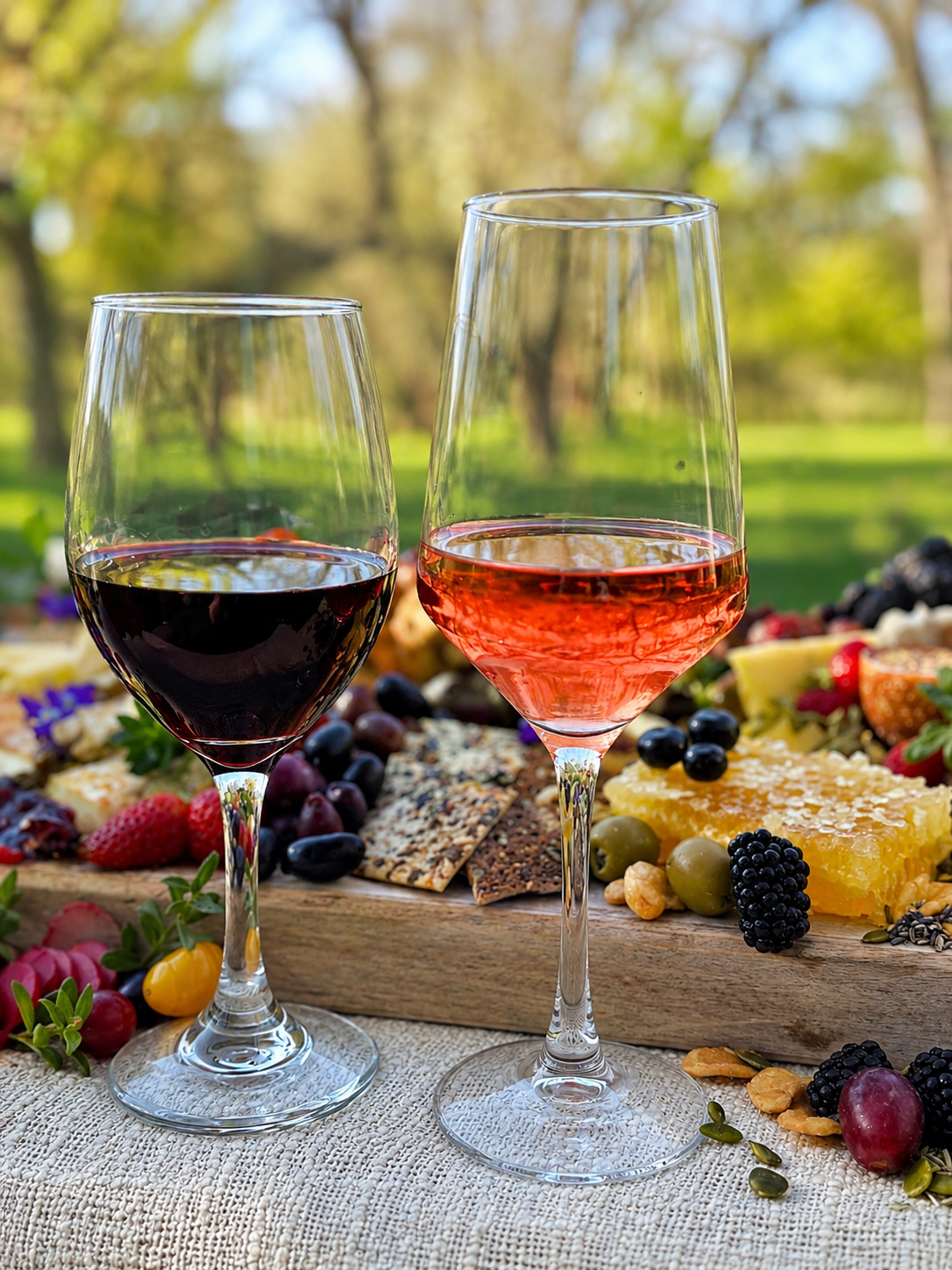 red and white wine glasses with charcuterie at Sugar Hollow Crossing