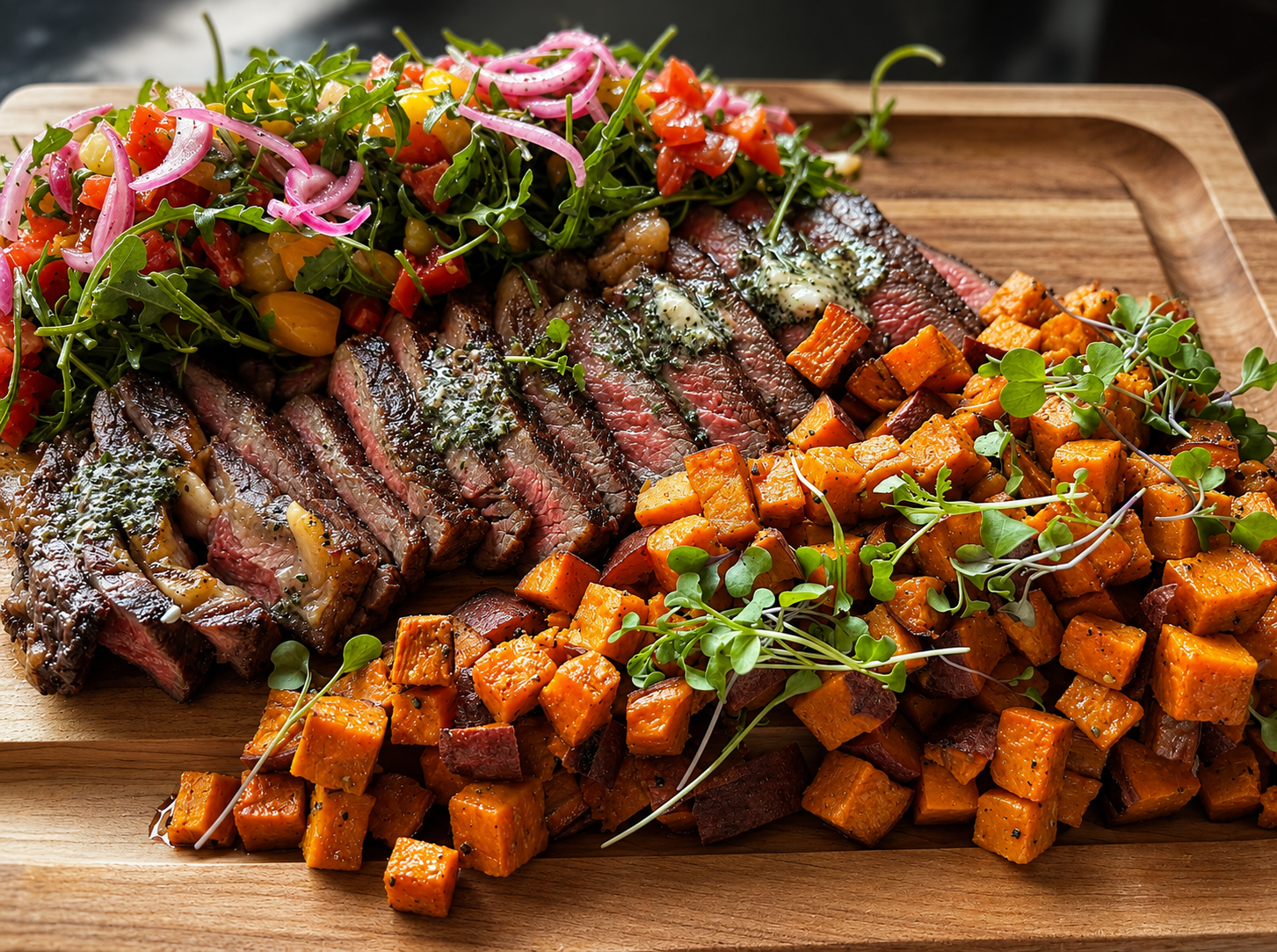 Family-style skirt steak with roasted sweet potatoes and seasonal greens