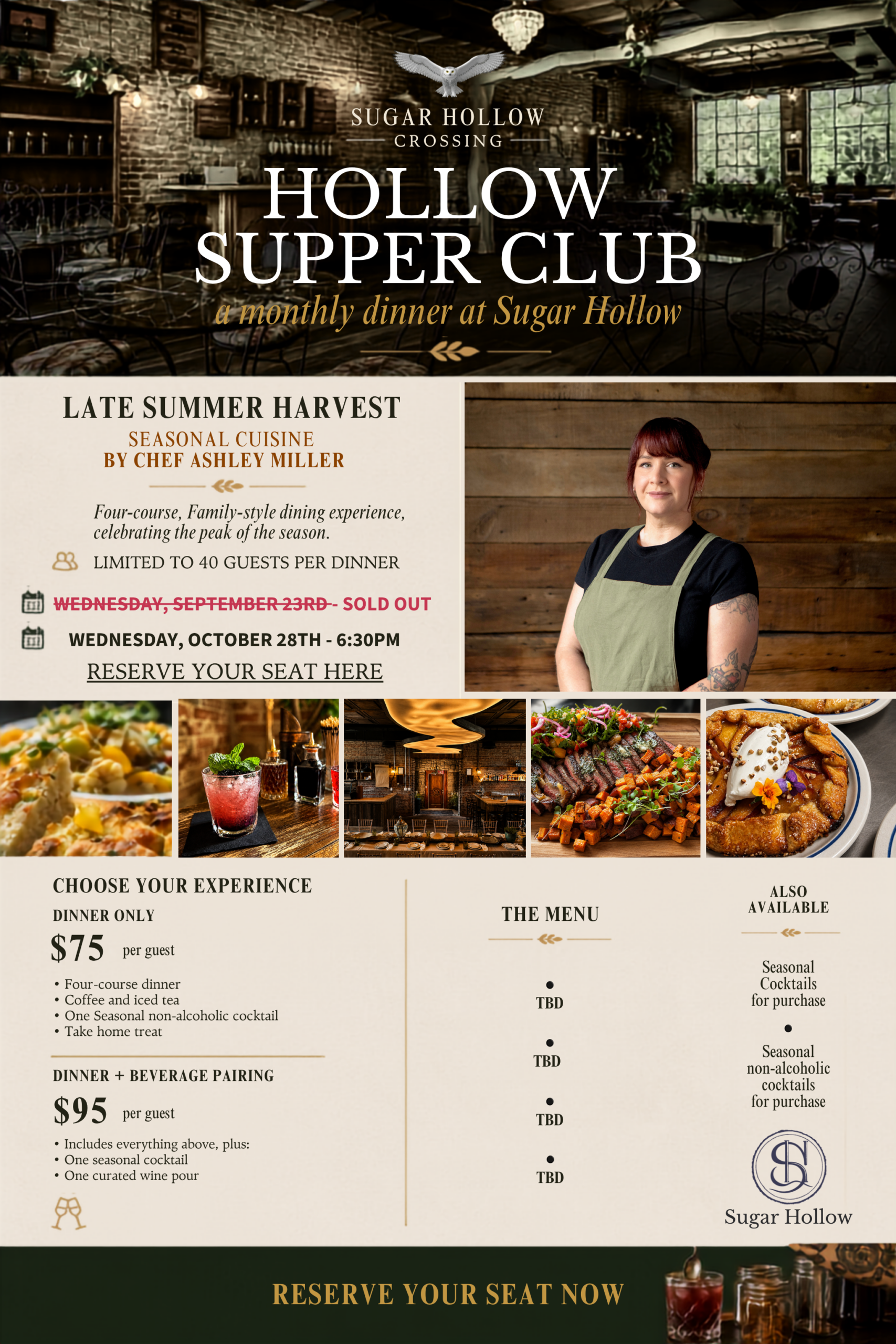 Hollow Supper Club at Sugar Hollow, Wednesday, October 28th at 6:30 PM.