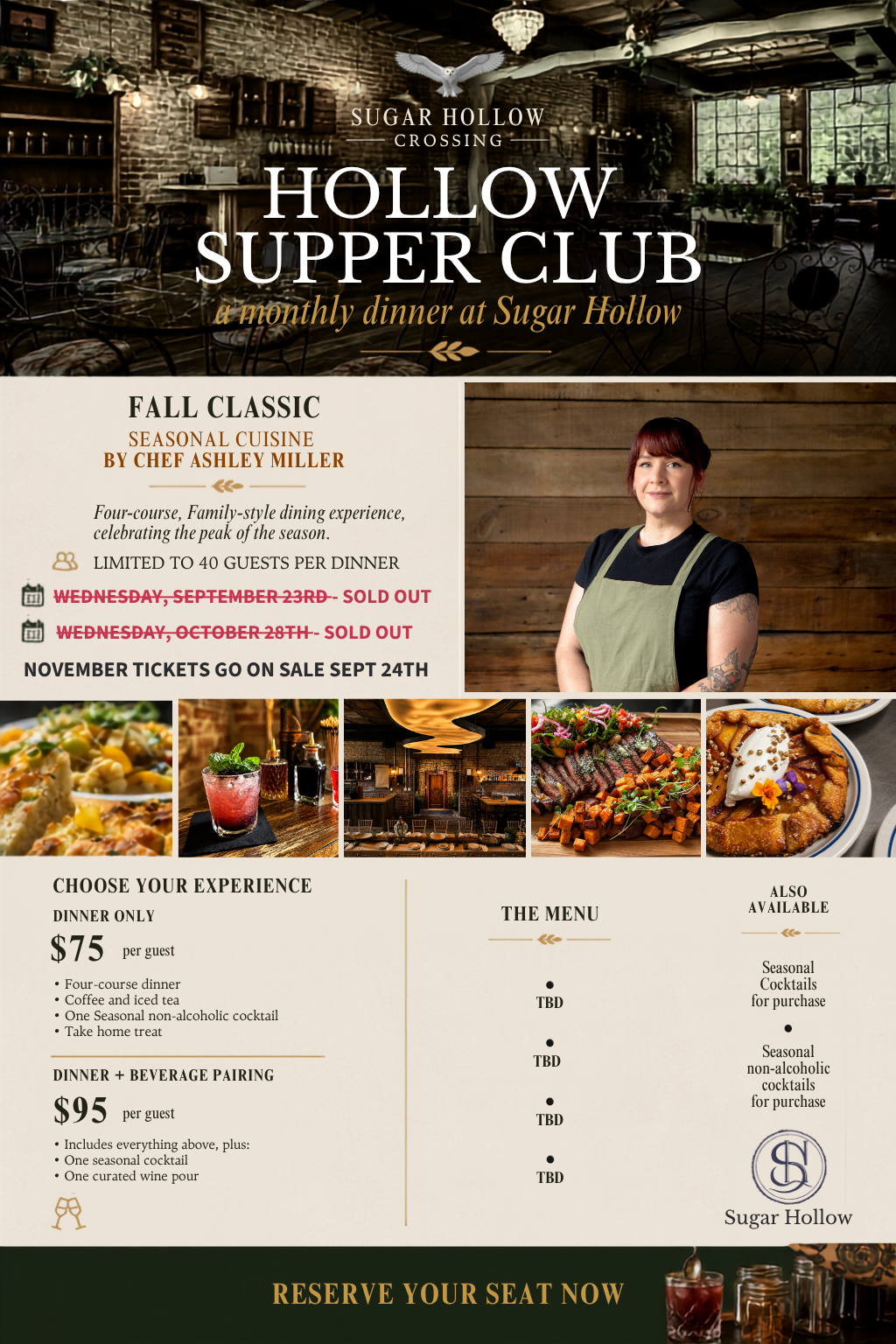 Hollow Supper Club fall classic seasonal cuisine with September and October dinners sold out.